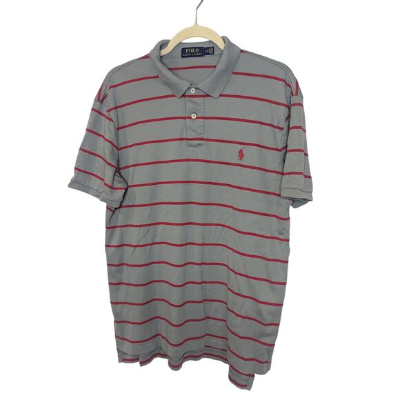 POLO Ralph Lauren Short Sleeve Cotton Striped Gray Red Polo Shirt Men Size Large - Picture 1 of 5